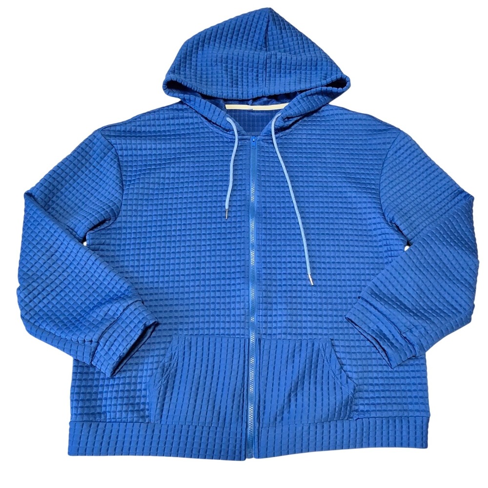 Women Size 3XL Full Zip Hoodie Blue Waffle Knit Textured Jacket
